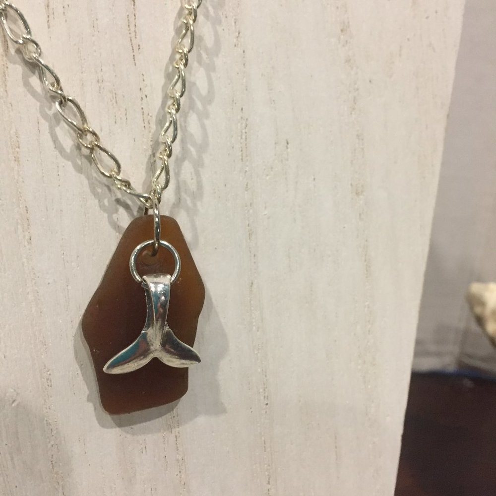 Frosted Brown Sea Glass Necklace w/Whale Tail
